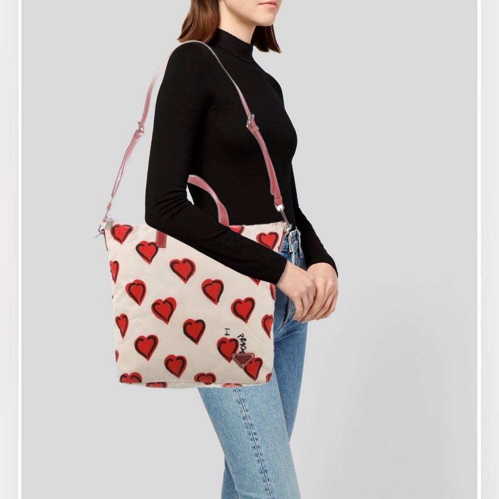 Authentic Vintage Prada Nylon Tote w Hearts Red Saffiano Leather